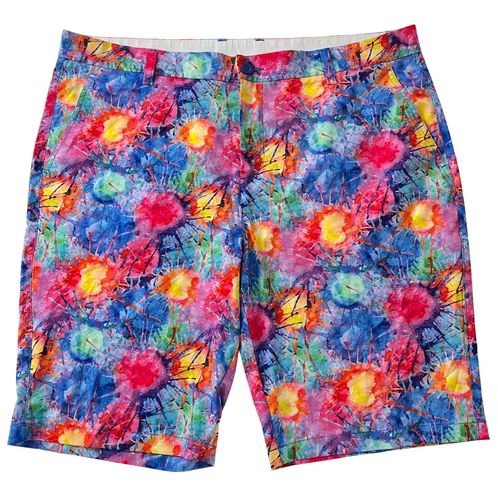 Hreski Mens 10" Golf Shorts 38 Multicolor Paint Splatter Watercolor Loud Casual
